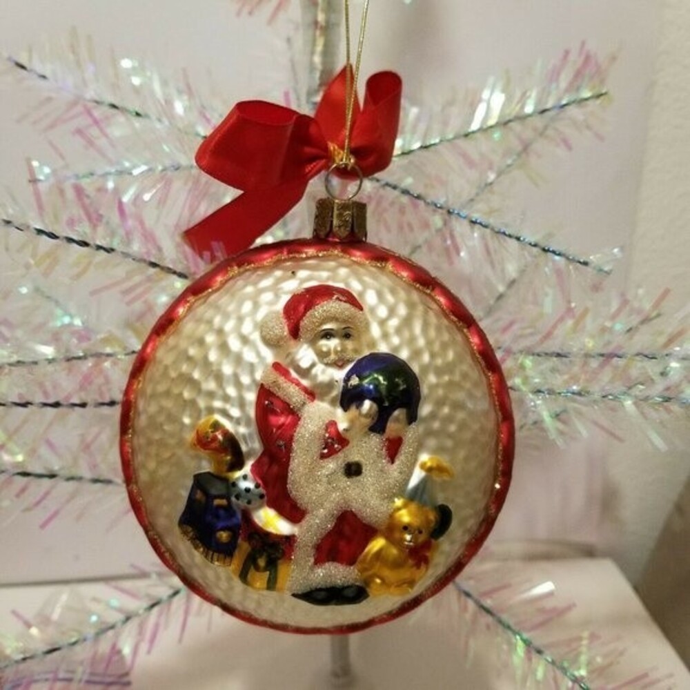 Vtg Waterford 3-D Blown Glass Santa w/Globe & Toys Christmas Ornament